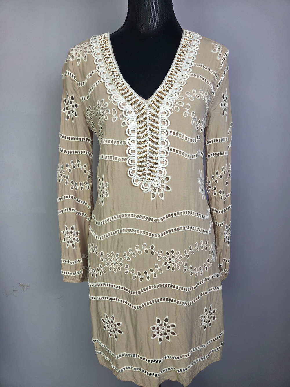 Boston Proper Beige Midi Dress Size M Embroidery Beaded Boho Cruisewear Beachy